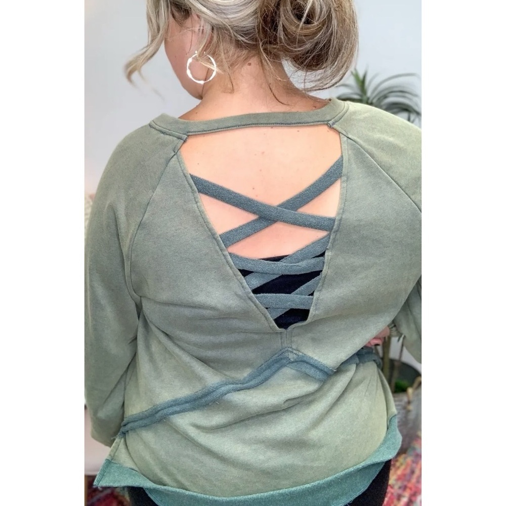 POL Olive Green Criss Cross Back Pullover | Vintage Wash French Terry Sweatshirt - Picture 6 of 11